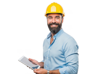 Smiling engineer holding tablet isolated on transparent background