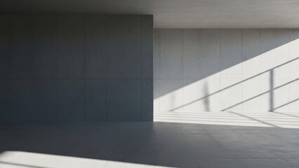 Minimalist concrete room interior featuring strong sunlight and geometric window shadows on the wall and floor