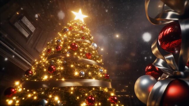 hiperrealista y espectacular de una escena navide&ntilde;a m&aacute;gica. Un gran &aacute;rbol de Navidad decorado con luces doradas, esferas rojas y plateadas, cintas brillantes y una estrella luminosa en la cima.