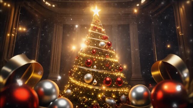 hiperrealista y espectacular de una escena navide&ntilde;a m&aacute;gica. Un gran &aacute;rbol de Navidad decorado con luces doradas, esferas rojas y plateadas, cintas brillantes y una estrella luminosa en la cima.