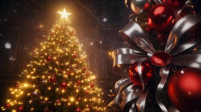 hiperrealista y espectacular de una escena navide&ntilde;a m&aacute;gica. Un gran &aacute;rbol de Navidad decorado con luces doradas, esferas rojas y plateadas, cintas brillantes y una estrella luminosa en la cima.