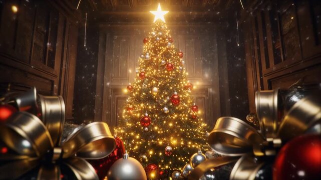 hiperrealista y espectacular de una escena navide&ntilde;a m&aacute;gica. Un gran &aacute;rbol de Navidad decorado con luces doradas, esferas rojas y plateadas, cintas brillantes y una estrella luminosa en la cima.