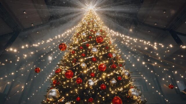 hiperrealista y espectacular de una escena navide&ntilde;a m&aacute;gica. Un gran &aacute;rbol de Navidad decorado con luces doradas, esferas rojas y plateadas, cintas brillantes y una estrella luminosa en la cima.