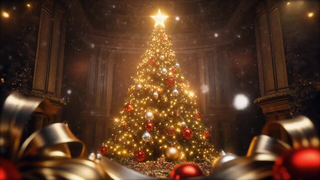 hiperrealista y espectacular de una escena navide&ntilde;a m&aacute;gica. Un gran &aacute;rbol de Navidad decorado con luces doradas, esferas rojas y plateadas, cintas brillantes y una estrella luminosa en la cima.