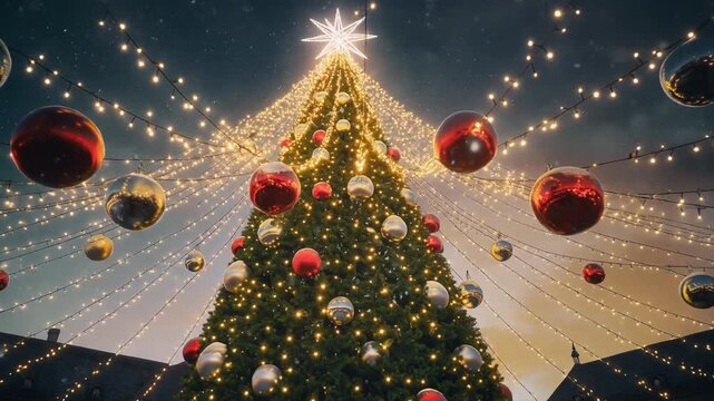 hiperrealista y espectacular de una escena navide&ntilde;a m&aacute;gica. Un gran &aacute;rbol de Navidad decorado con luces doradas, esferas rojas y plateadas, cintas brillantes y una estrella luminosa en la cima.