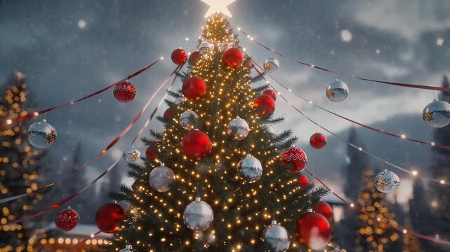 hiperrealista y espectacular de una escena navide&ntilde;a m&aacute;gica. Un gran &aacute;rbol de Navidad decorado con luces doradas, esferas rojas y plateadas, cintas brillantes y una estrella luminosa en la cima.