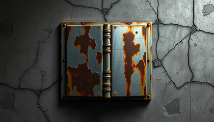 Old metal book covered in rust on a cracked concrete surface. Fantasy steampunk