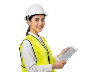 Engineer reviewing digital plans isolated on transparent background
