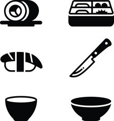 Fototapeta premium Japanese cuisine essentials: a collection of sushi, bento box, knife, and bowls icons