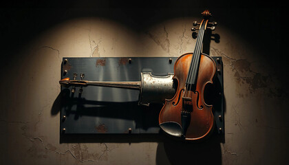 Rusty metal violin on a concrete wall. Steampunk fantasy
