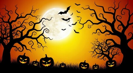 Eerie Halloween night with a glowing full moon illuminating silhouetted bare trees, flying bats, and a field of spooky carved jack-o'-lanterns creating a festive autumn scene