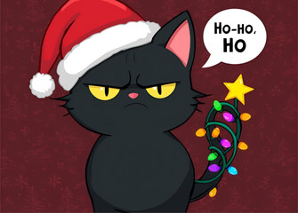 Soft Pastel Annoyed Black Cat in Cozy Santa Hat &ndash; Cute Christmas Cartoon Illustration