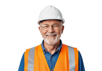 Smiling senior construction worker isolated on transparent background