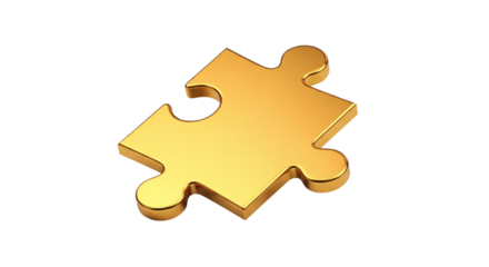Brilliant golden 3D puzzle piece concept isolated on deep black background symbolizing perfect fit solution strategy