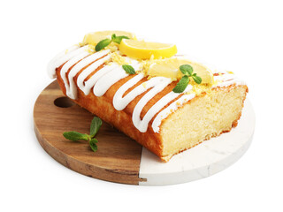 Delicious lemon cake with glaze, fresh fruit slices and mint isolated on white