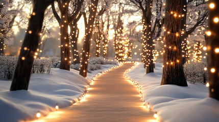 Magical forest pathway with soft Christmas lights snow covered trees glowing winter ambiance festive serene enchanting peaceful outdoor holiday season