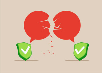 Green shield check marks symbol of misunderstanding, negotiation problems, miscommunication, argument. Flat vector illustration