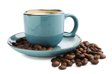 Aromatic coffee in cup and beans on white background