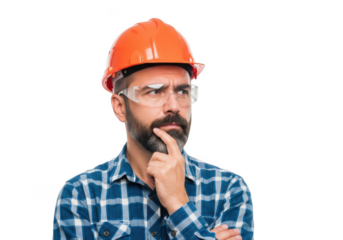 Thoughtful construction worker isolated on transparent background