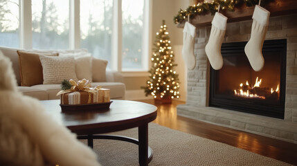 Warmly lit living room with cozy fireplace, stockings, glowing Christmas tree, soft pillows, wrapped gifts, and festive holiday decorations create joyful, inviting atmosphere