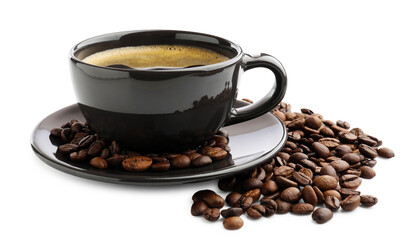 Aromatic coffee in cup and beans on white background