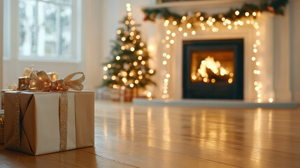 Christmas present with gold ribbon sits on wooden floor near glowing fireplace, decorated Christmas tree, and festive lights in cozy living room, creating warm holiday atmosphere