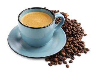 Aromatic coffee in cup and beans on white background