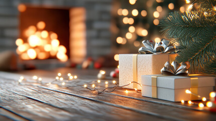 Christmas presents with silver bows sit on rustic wooden table near glowing fireplace, surrounded by festive lights and evergreen branches, creating warm, cozy holiday atmosphere