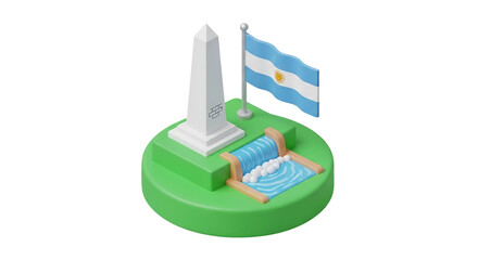 Obraz premium Buenos Aires Obelisco Argentina s national landmark Waving flag flowing waterfall Iconic travel tourism culture 3D