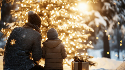 Family sitting together near glowing Christmas tree outdoors, winter evening, warm clothing, snow, festive atmosphere, present box, joyful and cozy holiday moment