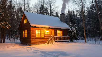 Cozy cabin warm light snowy forest winter wooden house smoke chimney evening peaceful tranquil nature retreat surrounded by trees glowing windows rustic serene snow covered holiday countryside