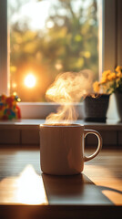 Coffee mug releasing steam on a wooden surface, sunlight streaming through a window in the background, creating a warm and inviting domestic atmosphere indoors