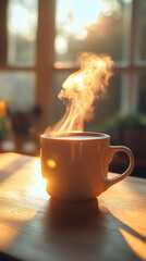 Steaming coffee mug on a wooden table, illuminated by a warm sunrise glow streaming through a window, creating a cozy morning and comforting atmosphere