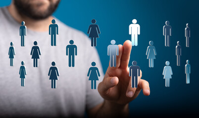 Concept of connection between virtual people symbols using a hand gesture on a digital background.