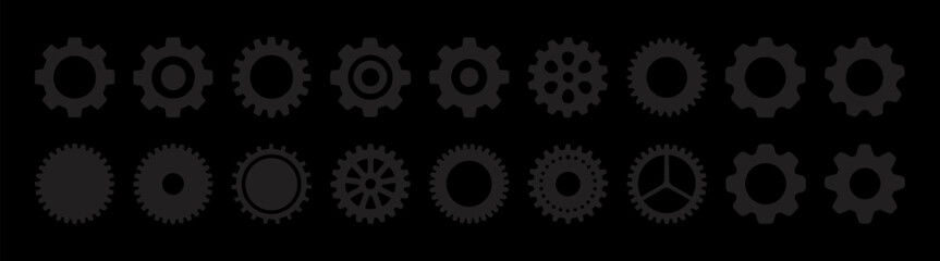 Gear icon set. Gear wheel and cogwheel icons collection. Industrial mechanical gears and machinery parts vector illustration isolated.