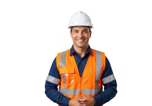 Smiling construction worker in safety gear isolated on transparent background - Powered by Adobe
