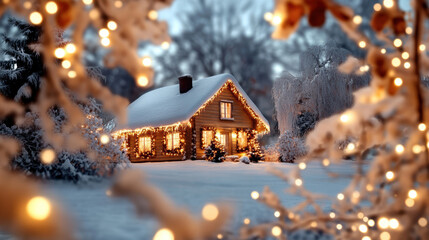 Snow covered cottage glowing warmly with lights, surrounded by frosty trees and festive decorations, creating cozy winter holiday atmosphere in peaceful rural landscape