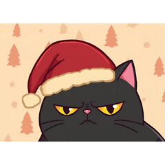 Soft Pastel Annoyed Black Cat in Cozy Santa Hat &ndash; Cute Christmas Cartoon Illustration