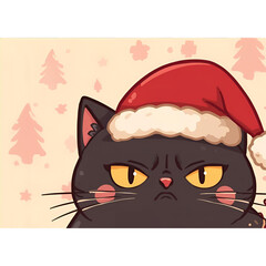 Soft Pastel Annoyed Black Cat in Cozy Santa Hat &ndash; Cute Christmas Cartoon Illustration