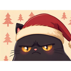Soft Pastel Annoyed Black Cat in Cozy Santa Hat &ndash; Cute Christmas Cartoon Illustration