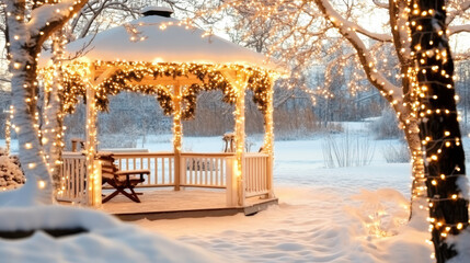 Snow covered gazebo wrapped in twinkling lights, surrounded by winter trees and peaceful snowy landscape, creating cozy and festive holiday atmosphere at sunset