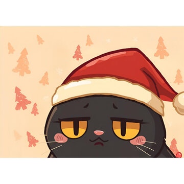 Soft Pastel Annoyed Black Cat in Cozy Santa Hat &ndash; Cute Christmas Cartoon Illustration