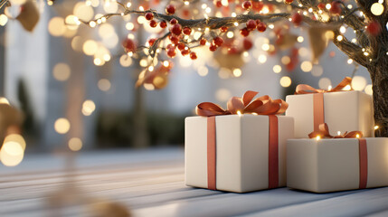 Gift box ribbon Christmas holiday festive sparkling light decoration celebration winter present tree berry wooden background glowing surprise seasonal wrapped elegant cheerful ornament evening