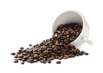 Aromatic coffee beans and overturned cup isolated on white