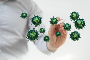 Digital concept of hand interacting with viruses, representing scientific research and health concerns, Corona