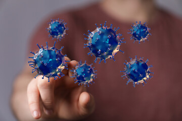 Abstract image representing a person interacting with digital virus particles, symbolizing health threats and