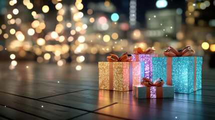 Glittering gift box with ribbon on wooden floor, surrounded by vibrant Christmas lights and festive bokeh, creating joyful holiday atmosphere in city night