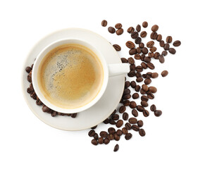 Cup of aromatic coffee and roasted beans on white background, flat lay