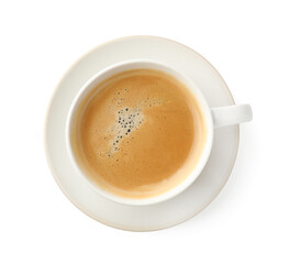 Aromatic coffee in cup isolated on white, top view