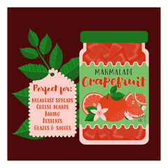 Grapefruit marmalade label featuring a jar with fruit pieces, citrus slices, leaves, and a "perfect for" list. Cute design perfect for jam packaging, food branding, kitchen decor, and recipe cards.